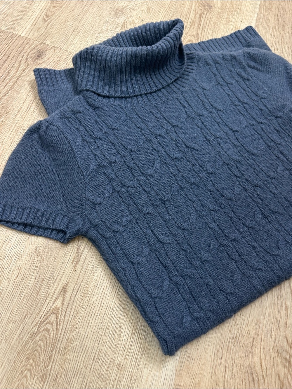 Pheobe & Lola 100% Cashmere Blue Cable Knit Short Sleeve Turtleneck Mini Dress